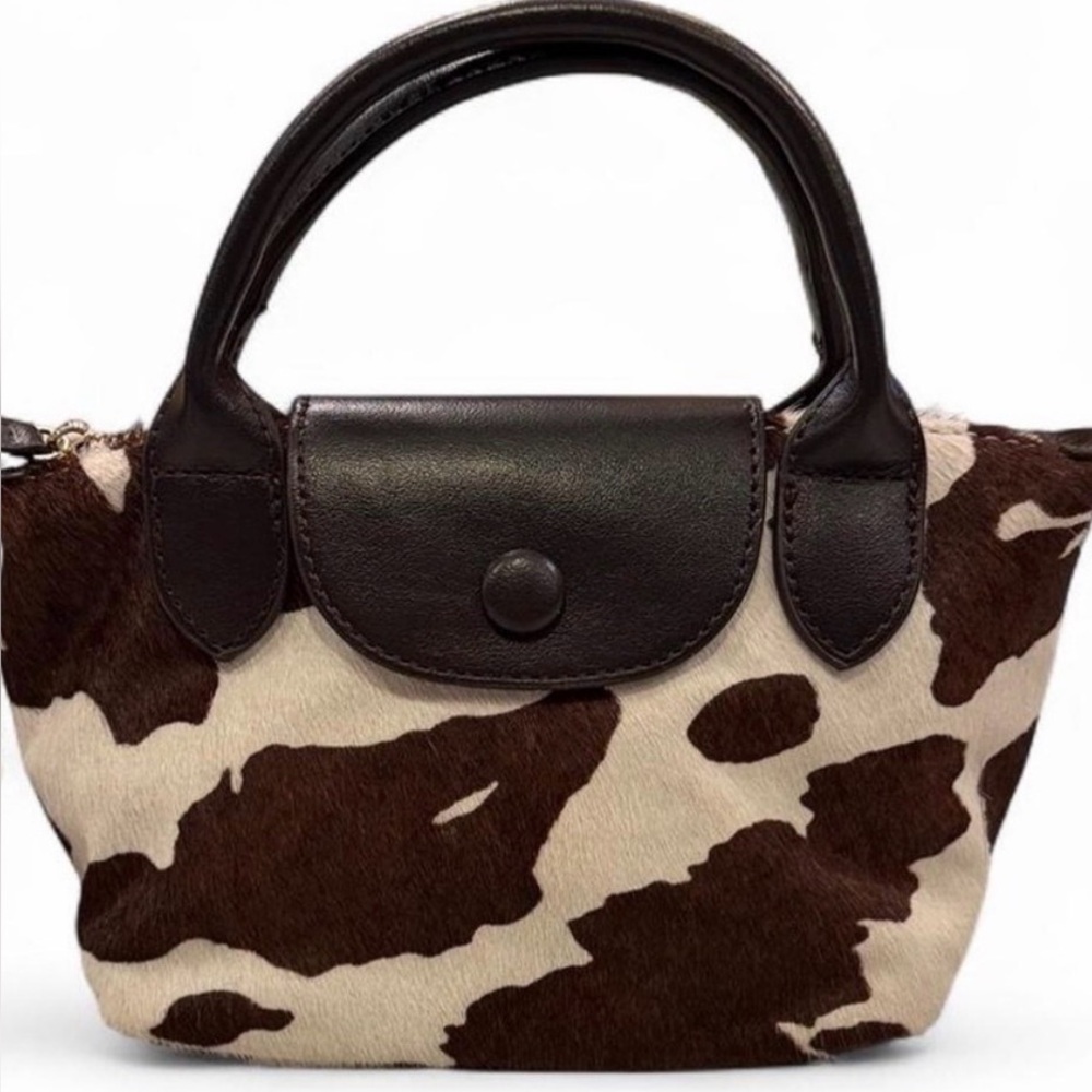 House of Harlow 1960 Brown and Cream Cowhide Mini Tote with Dark Leather Trim